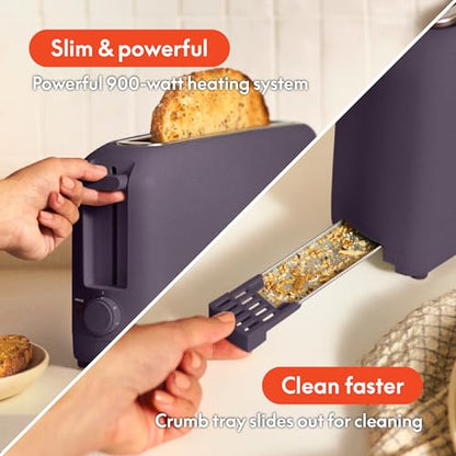 bella 2 Slice Slim Toaster, Fits-anywhere™ Kitchenware, 6 Setting Shade Control with Reheat & Cancel Buttons, Fits sourdough, 10” Long Slot, Anti Jam & Auto Shutoff, 900 Watt, Plum - color: Plum, size: 2 Slice