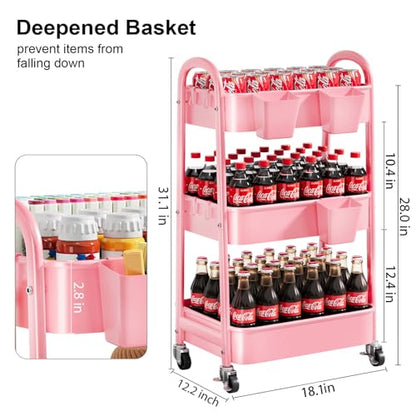 3 Tier Rolling Storage Cart Metal with Wheels, Pink Three Tiered Craft Cart Organizer on Wheels, Utility Carts for Baby Nursery, Diaper Caddy, Art, Book, Snack, Nail, Makeup, Bathroom Supplies, Mesh - color: Soft Pink