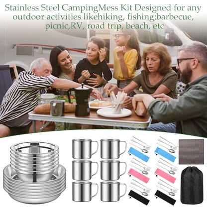 Lallisa Outdoor Camping Cookware Mess Kit Polished Stainless Steel Dishes Camping Utensils Portable Tableware with Plates Cups Spoons Forks Knives Mesh Bag for Backpacking Hiking