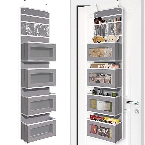 Giraffe Creation Gray Over Door Organizer with 4 Large Clear Pockets, Neutral Hanging Door Storage for Closet, Bathroom, Bedroom, Dorm, Nursery, Toys, Toiletries - color: Gray