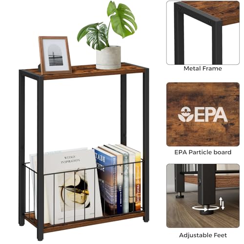 Homleke Narrow Side Tables Set of 2 with Magazine Holder, Skinny End Tables Perfect for Small Spaces, Space-Saving Design for Living Room, Bedroom, or Office, 7.1" D x 16.9" W x 23.6" H, Rustic Brown - color: Rustic Brown - Standard