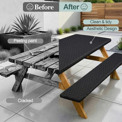 Picnic Table Cover with Bench Covers Camping Essentials Waterproof Windproof Camping Tablecloth with Drawstring Bag, Fitted Rectangle Tables and Seats, 96in, Black - color: Black, size: 96in