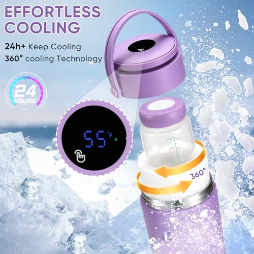 22oz Portable Breast Milk Cooler for Outdoor, withTemp Display, Life Saver with 360° Total Cooling for 24 Hours, Larger Capacity Travel Breastmilk Chiller with 2pcs Baby Bottles for Breastmilk Storage