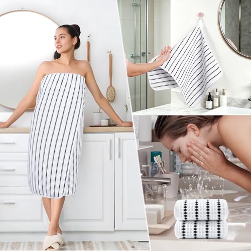 POLYTE 430 GSM Microfiber Quick Dry Lint Free Oversize Bath Towel Set, 6 Piece (Waffle Weave) - color: White/Black