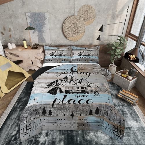 Erosebridal Rv Bedding Set for Travel Trailers Happy Camping Bunk Comforter Set Twin Size Boho Stars Moon Camper Decor for Inside Bedroom,Rustic Farmhouse Travel Adventure Quilt Duvet Blue Grey - color: Blue Black Grey, size: Twin