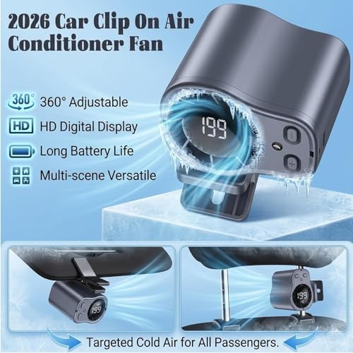 Gaukomzs 2026 Car Clip on Air Conditioner Fan with LED Display, 360° Rotation, 199 Speeds, USB Rechargeable, for Cars, Work, Camping (Dark gray) - color: Dark gray