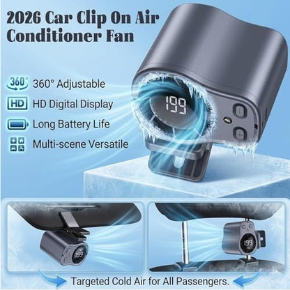 Gaukomzs 2026 Car Clip on Air Conditioner Fan with LED Display, 360° Rotation, 199 Speeds, USB Rechargeable, for Cars, Work, Camping (Dark gray) - color: Dark gray
