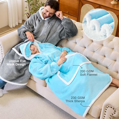 IFNOW Wearable Blanket Hoodie, Oversized Sherpa Fleece Hooded Sweatshirt with Eye Mask, Cozy and Giant Blanket Hoodie with Sleeves Extra Long for Adults Men Women, Skyblue - color: Skyblue, size: Adult