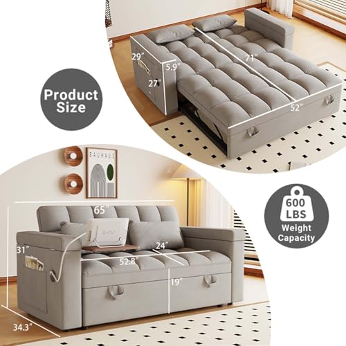 65" Foldable RV Love Seat Sofa, Modern Velvet Pull Out Couch with Table Board and UAB, Convertible Love Seat Sofa Bed with Adjustable Back and Pillow for Living Room, Small Spaces(Light Gray, 2 Seat) - color: Light Gray, size: 2 Seat