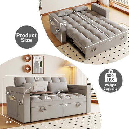 65" Foldable RV Love Seat Sofa, Modern Velvet Pull Out Couch with Table Board and UAB, Convertible Love Seat Sofa Bed with Adjustable Back and Pillow for Living Room, Small Spaces(Light Gray, 2 Seat) - color: Light Gray, size: 2 Seat