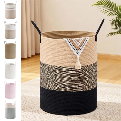 58L Tall Cotton Rope Laundry Basket with Handles, Brown & Black | Storage Bin for Clothes, Blankets & Kids Toys, Boho Woven Hamper, Portable Organizer for Nursery, Bedroom, Living Room - color: Brown & Black, size: 58L