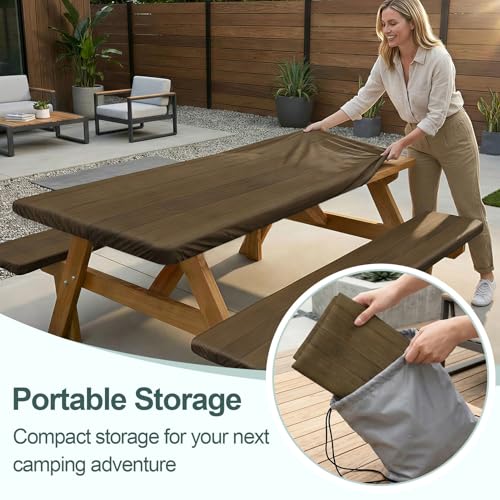 Play Tailor Picnic Table Cover with Bench Covers Camping Essentials Waterproof Windproof Camping Tablecloth with Drawstring Bag, Fitted Rectangle Tables and Seats, 72in, Dark Brown - color: Dark Brown, size: 72in