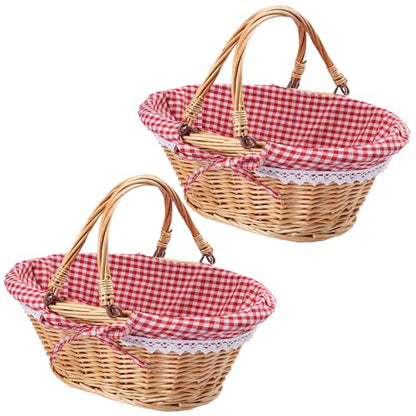 GNIEMCKIN 2 Pack 12.6 Inch Wicker Basket with Handle, Wicker Picnic Baskets with Checkered Liner, Oval Willow Woven Basket for Fruit, Wine, Wedding, Picnic - size: 2 Pack 12.6 Inch