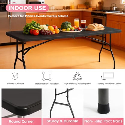 FDW 8FT Folding Table, Portable Fold-in-Half Plastic Picnic Party Table with Carrying Handle (Black, 8FT) - color: Black, size: 8 FT 94"x29"