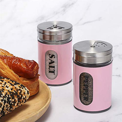 Salt and Pepper Shakers Stainless Steel and Glass Set with Adjustable Pour Holes (Pink) - color: Pink