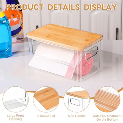 Trash Bag Holder Dispenser, Garbage Bag Dispenser with Bamboo Lid & Handles, Stackable Clear Trash Bag Organizer Under Sink for Kitchen, Pantry, Laundry Room, Cabinet - size: Small