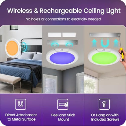 Motion Sensor Rechargeable Shower Light for Inside Shower with Remote, RGBW Battery Operated Ceiling Light, Wireless, Color-Changing Ambient Light, Warm-to-Cool Whites, Dimmable, Timer, Magnetic - style: RGB Color & White