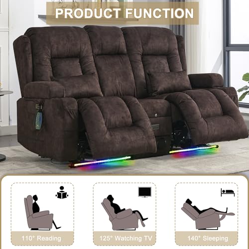 URRED Power Loveseat Recliner Sofa with Massage and Heat, Wall Hugger Reclining Loveseat with Console, RV Couch Home Theater Seating with LED Lights for Living Room (Brown, 67" - 2 Seats) - color: Brown, size: 67" - 2 Seats