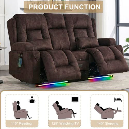 URRED Power Loveseat Recliner Sofa with Massage and Heat, Wall Hugger Reclining Loveseat with Console, RV Couch Home Theater Seating with LED Lights for Living Room (Brown, 67" - 2 Seats) - color: Brown, size: 67" - 2 Seats