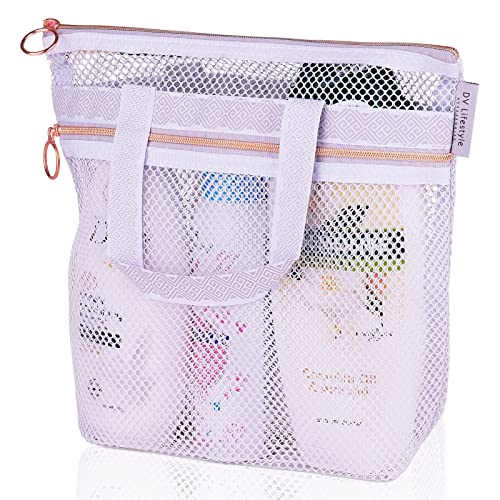 DV Lifestyle Mesh Shower Bag 10.2x9.9'' Quick-Dry Caddy with Zipper & 2 Pockets. Portable Toiletry Tote for Bathroom, Gym, Travel, Camp, Beach, for Sunscreen, Dorm & College Essentials (Light Gray) - color: Light Gray, size: Small