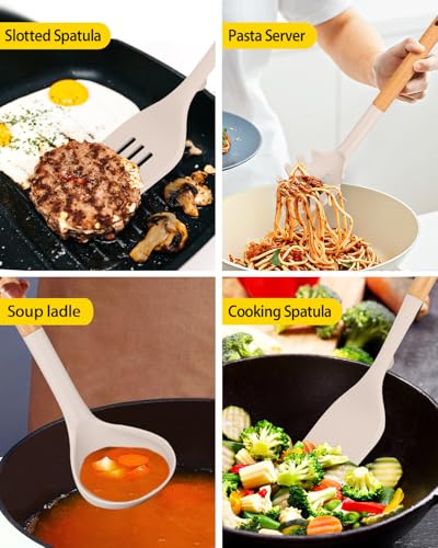 Silicone Kitchen Utensil Set for Non Stick Cookware, 7 Pcs Heat Resistant Cooking Utensils with Wooden Handle, BPA Free Kitchen Tools with Spatulas, Spoons, Skimmer and Pasta Fork (KHAKI) - color: Khaki
