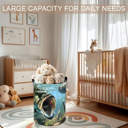 Fishing Laundry Basket Hamper 19.7"x15.8", Bass Foldable Waterproof Oxford Clothes Storage Bucket for Room Bathroom Bedroom Nursery Decor, Toy Organizer Bins Gifts for Kids Boys Girls - style: Fishing