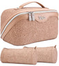 BOYATU Travel Makeup Bags Cosmetic Organizer Bag: 3-Set Large Capacity Make up Bag - PU Leather Toiletry Bags for Women - Wide Open Portable Pouch with Divider & Handle (A-Tan) - color: A-Tan