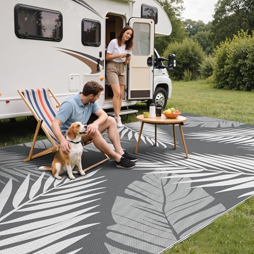GENIMO Outdoor Rug 9' x 18' Waterproof for Patios Clearance, Reversible, Plastic Straw Camping Rug Carpet, Large Area Rugs Mats for RV, Picnic, Backyard, Deck, Balcony, Porch, Beach, Grey&White - color: Grey & White, size: 9' x 18' (Rectangular)
