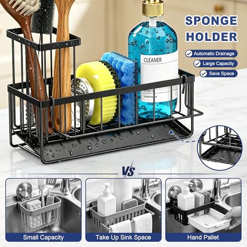 Sponge Holder for Kitchen Sink, Kitchen Sink Caddy, Kitchen Sink Sponge Holder, Dish Sponge Holder, Kitchen Sink Organizer for Sponge, Dish Brush, Scrubber(9.65" x 3.74" x 6.3", Black) - color: Black