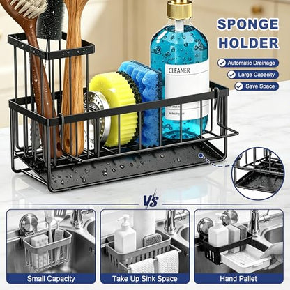 Sponge Holder for Kitchen Sink, Kitchen Sink Caddy, Kitchen Sink Sponge Holder, Dish Sponge Holder, Kitchen Sink Organizer for Sponge, Dish Brush, Scrubber(9.65" x 3.74" x 6.3", Black) - color: Black