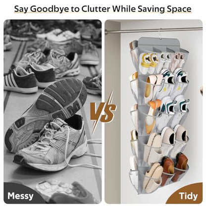 MISSLO 30 Large Pockets Dual Sided Hanging Shoe Organizer for Closet with Rotating Hanger Hanging Shoe Shelves, Grey - color: Grey