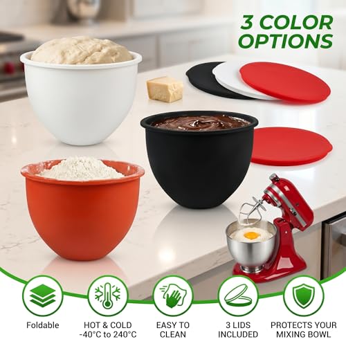 Silicone Bowl Liners for 5 Qt Stand Mixers, 3 Pack Reusable Nonstick Mixing Bowl Covers with Lids, Food Grade Silicone Mixer Liners, Kitchen Accessories for Baking Tools
