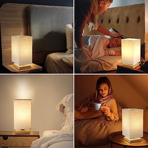 Small Square Bedside Table Lamp for Bedroom, Minimalist Wood Base & Round Fabric Shade, Mini Cute Cozy Warm Nightstand Boho Lamp, Study Desk Night Stand Light for Room, Dorm, Nursery, Living Room - size: Square - Set of 1