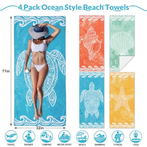 Frienda 4 Pack Microfiber Oversized Lightweight Beach Towel 71x32 in for Women Men Microfiber Quick Dry Sand Free Ocean Coastal Towels for Beach Pool Travel(Ocean) - style: Ocean Nautical