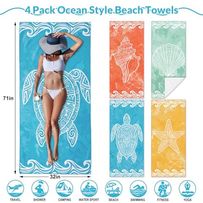 Frienda 4 Pack Microfiber Oversized Lightweight Beach Towel 71x32 in for Women Men Microfiber Quick Dry Sand Free Ocean Coastal Towels for Beach Pool Travel(Ocean) - style: Ocean Nautical
