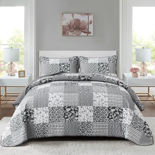 Mybedsoul Black Grey Boho Quilt Set Full Size,3 Pieces Plaid Floral Bedspread Coverlet Set for All Season,Patchwork Reversible Bedding Set Full 78"×90" - color: Black Grey, size: Full