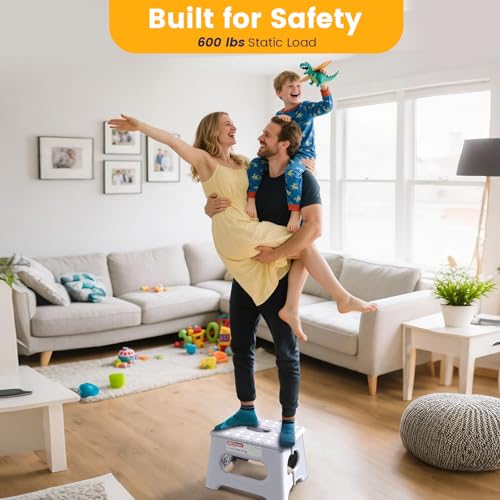 HBTower Folding Step Stool 9 Inch - Holds 600 lb, Non-Slip Surface & Carry Handle - Sturdy Step Stool for Kids, Toddlers & Adults - Compact Foldable Foot Stool for Kitchen, Bathroom, Bedroom(White) - color: White