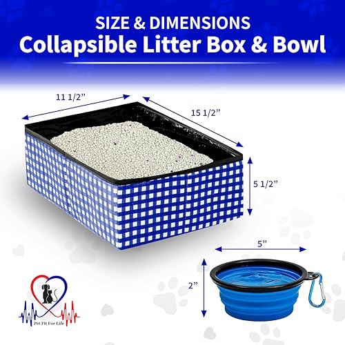 Pet Fit For Life - Vibrant Collapsible Travel Cat Litter Box - Portable, Foldable, Compact Design with Bonus Water Bowl - Ideal for Car & Camping - Reusable, Cats Safe - Blue, (16"x12"x5") - color: Blue