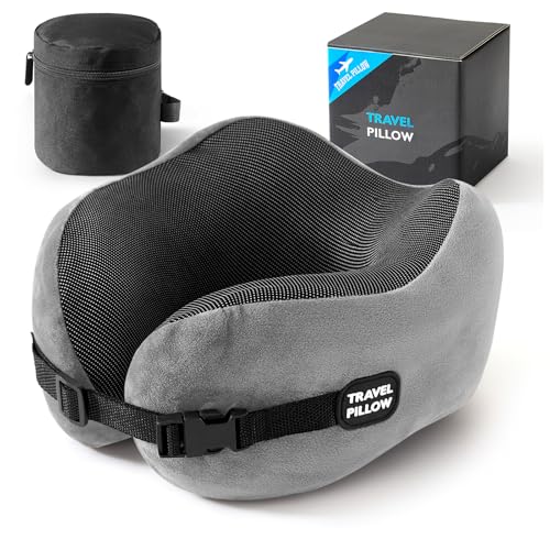 Neck Pillow Travel Pillow - 100% Pure Memory Foam Airplane Pillow with Adjustable Clasp & Removable Cover, Portable Travel Essentials for Long Flights, Car & Office (Light Gray) - color: Light Gray