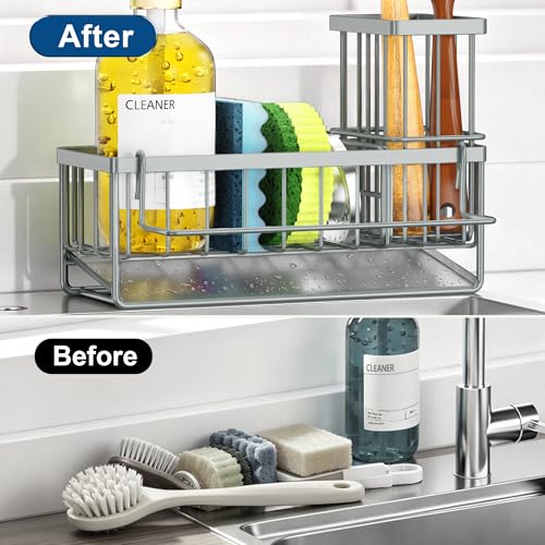 Sponge Holder for Kitchen Sink, Kitchen Sink Caddy, Kitchen Sink Sponge Holder, Dish Sponge Holder, Kitchen Sink Organizer for Sponge, Dish Brush, Scrubber(9.65" x 3.74" x 6.3", Gray) - color: Gray