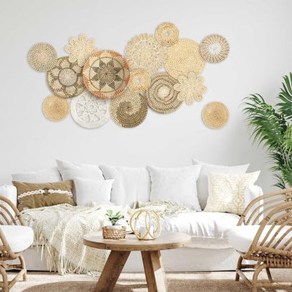 Xuhal 15 Pcs Boho Wall Basket Decor Handcrafted Seagrass Woven Wall Basket Rustic Round Woven Hanging Art for Home Farmhouse Kitchen Table Living Room(Classic Style) - style: Classic