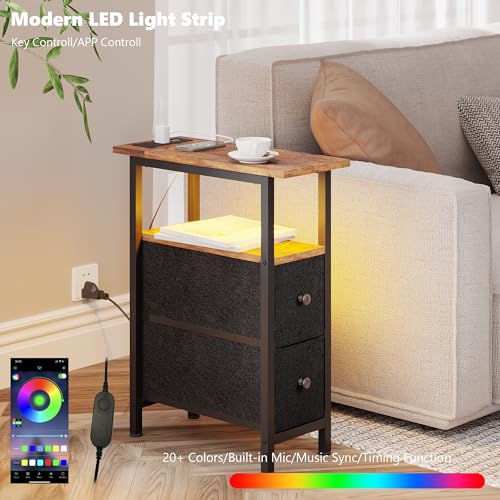 TRIFEBLE End Table with Charging Station, Narrow Side Table with 2 Fabric Drawers, Skinny Nightstand with LED Light, Slim Bedside Table for Bedroom, Living Room, Small Spaces, Rustic Brown and Black - color: Rustic Brown + Black