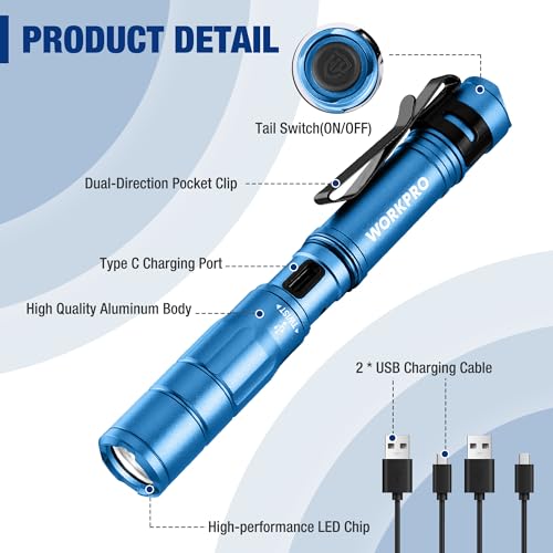 WORKPRO Rechargeable Pen Light, Mini Flashlight, 2 Pack Ultra-Compact EDC Flashlight, Pocket Flashlight with Clip, Memory Function and 2 x USB C Cable Included, Blue - color: Blue