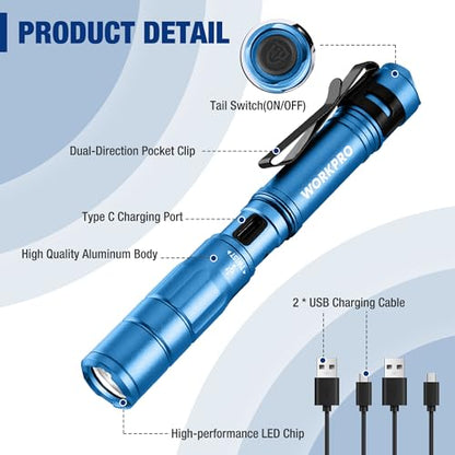 WORKPRO Rechargeable Pen Light, Mini Flashlight, 2 Pack Ultra-Compact EDC Flashlight, Pocket Flashlight with Clip, Memory Function and 2 x USB C Cable Included, Blue - color: Blue