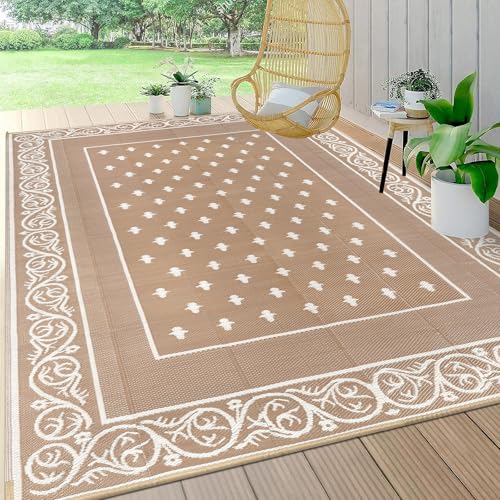 Pauwer Waterproof Outdoor Rug 6x9, Reversible Plastic Straw Patio Camping Rug, Indoor Outdoor RV Mat Carpet for Deck, Camper, Porch, Balcony, Backyard, Picnic, Bordered Beige - color: Bordered Beige, size: 6' x 9' (Rectangular)