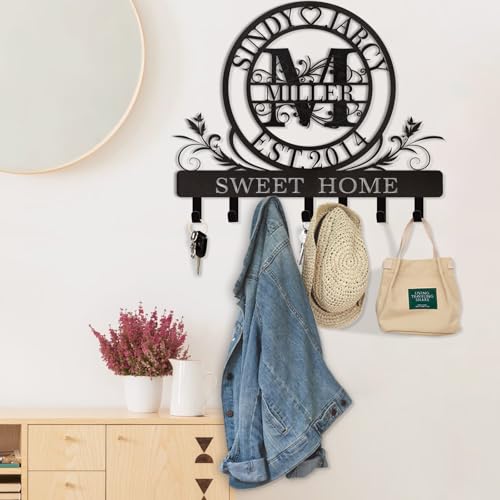 Dyoart Personalized Key Holder for Wall, Custom Family Name Metal Wall Key Hanger, Key Hooks with Monogram Design, Key Rack Holder Wall Mount for Living Room Bedroom, Anniversary Couple Gift - color: 04 Monogram