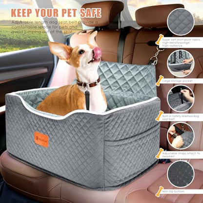 AlfaTok Memory Foam Booster Dog Car Seat for Medium Dogs Under 45 LBS, Elevated Pet Car Seat with Detachable Washable Cover, Anti-Slip Sturdy Dog Booster Seat with Seat Belt for Back Seat Travel - color: Grey