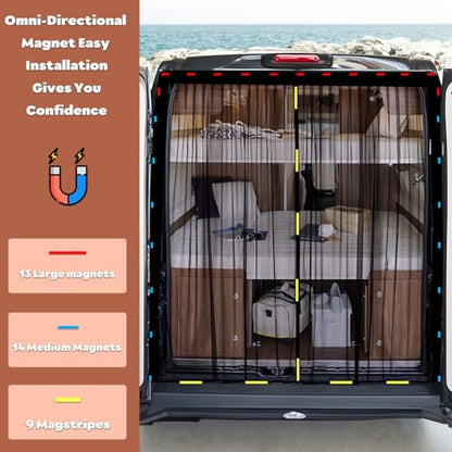 XCBYT Van Bug Screen for Rear Door | Magnetic Closure Window Screen for Camping | Van Life Essentials | Universal Fit for Standard Roof Mercedes Sprinter, Ford Transit & RAM ProMaster (65” H x 65” W) - size: Rear Door-Middle (65" H × 65" W)