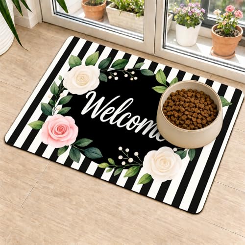 HOMETITUTE Pet Feeding Mat Black White Stripe Pattern 20" x 12", Welcome Sign Flower Design Non Slip Dog Cat Food Mat, Easy Clean Fast Dry Absorbable Pet Bowl Mat for Food and Water - color: colorful9