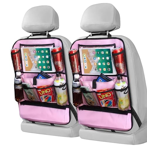 LUCMO Car Backseat Organizer with Touch Screen Tablet Holder, Pink | 2 Pcs,9 Storage Pockets,Clear Tablet Holder,Protectors Kick Mats,Travel Accessories,Seat Cover,Road Trip Essentials - color: Pink-1, size: 2 Pack